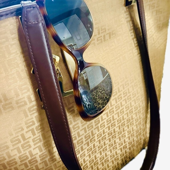 👜✨ SUSAN LUCCI Vintage 90s Gold & Brown Vegan Leather Polyester‎ Tote Bag - Picture 3 of 6